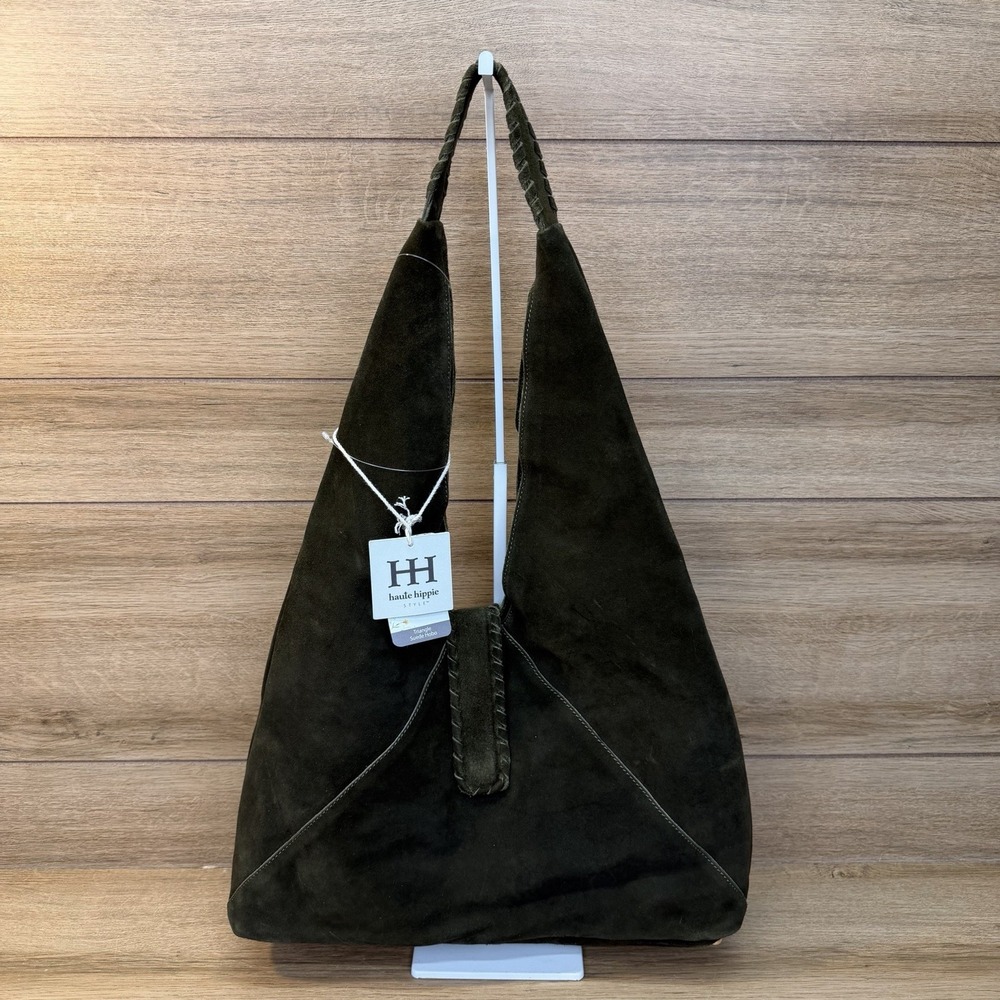 Haute Hippie Dark Olive Genuine Suede Leather Triangle Hobo Shoulder Bag NWT